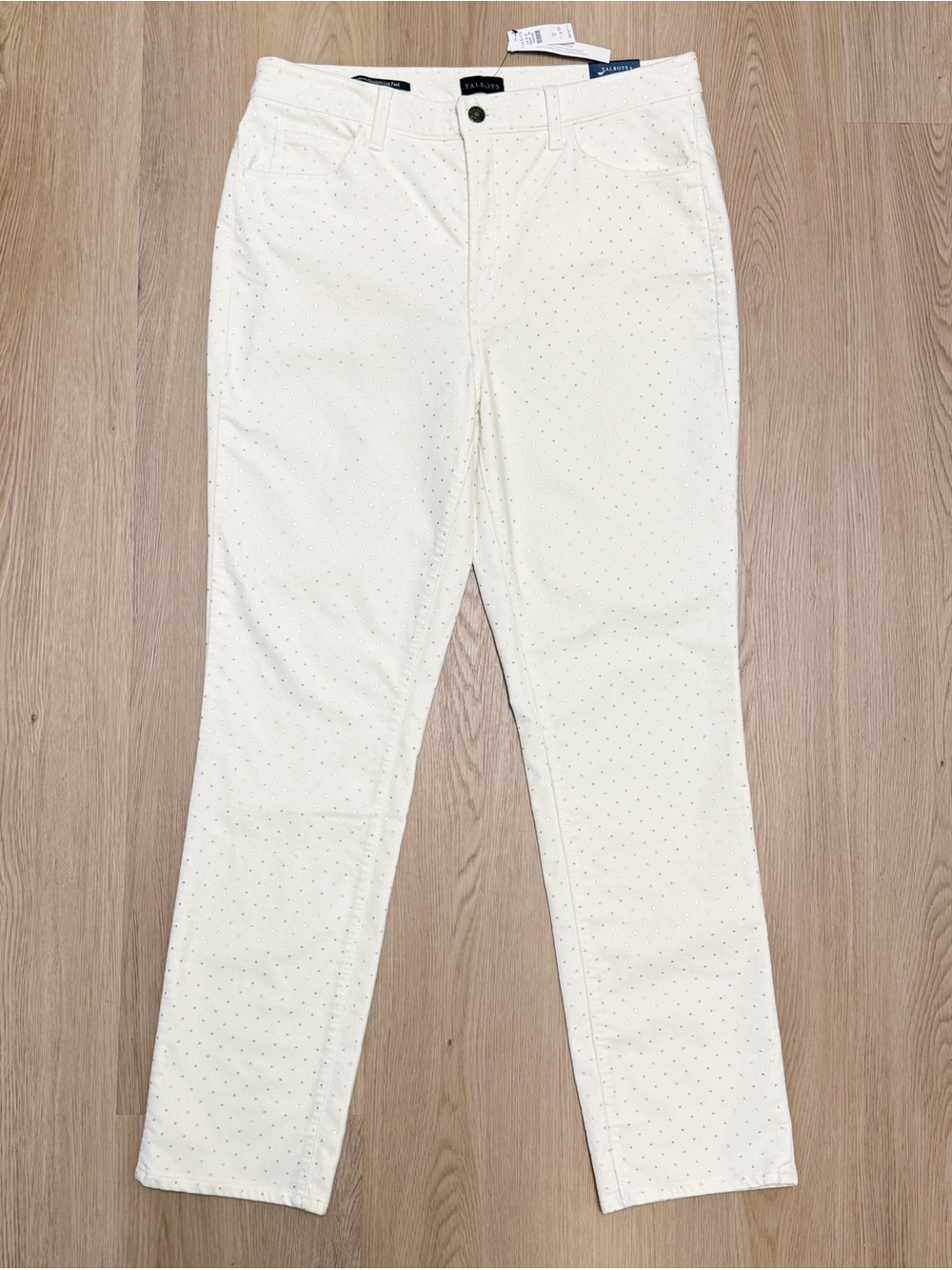 Talbots Cream Ivory Velveteen Gold Polka Dot Straight Leg High Rise Pants 12 New